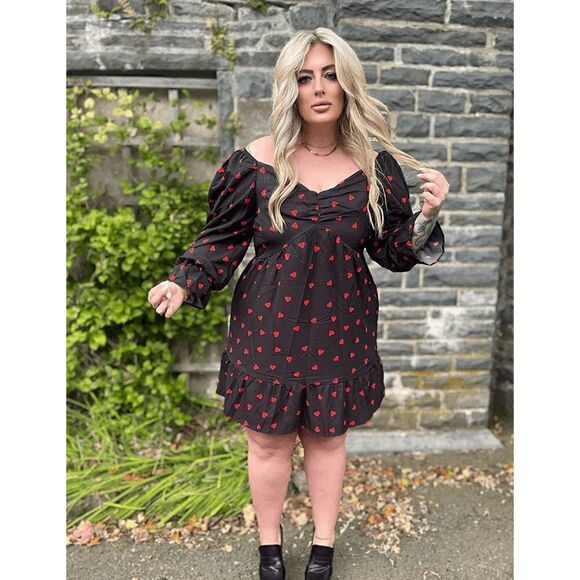 ❤ Plus Size Valentine’s Day Sweetheart Long Sleeve Heart Print Black Dress NWT - Picture 5 of 16
